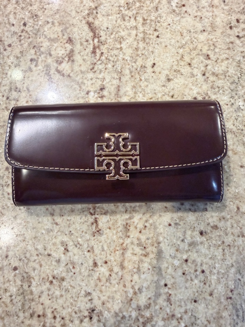 Tory Burch Dark Brown Patent Leather Flap Wallet with Gold Logo